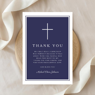 Elegant Navy Blue Cross Boy First Communion Thank You Card