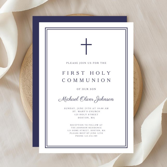 Elegant Navy Blue Cross Boy First Holy Communion Invitation (Elegant Navy Blue Cross Boy First Holy Communion Invitation)