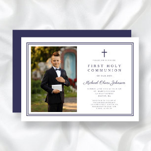 Elegant Navy Blue Cross Boy Photo First Communion Invitation