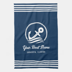 Elegant Navy Blue Custom Boat Name Anchor Kitchen Towel