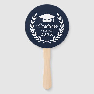 Elegant Navy Blue Custom Grad Year Laurel Wreath Hand Fan