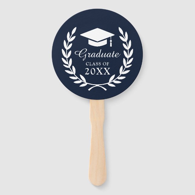 Elegant Navy Blue Custom Grad Year Laurel Wreath Hand Fan (Front)