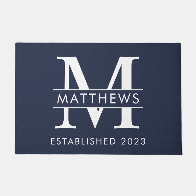 Elegant Navy Blue Custom Monogram Name  Doormat (Front)