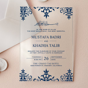 Elegant Navy Blue Damask Islamic Wedding Acrylic Invitations
