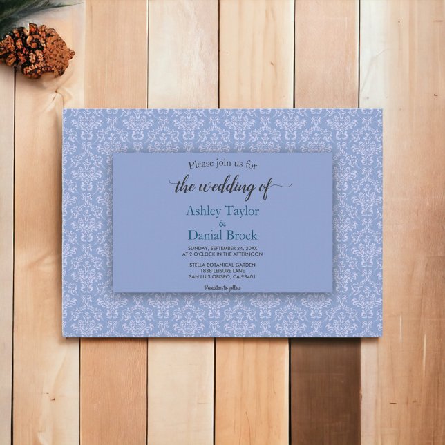 Elegant Navy Blue Damask Script Ornate Wedding Invitation (Creator Uploaded)
