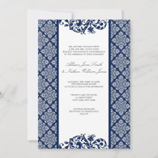 Elegant Navy Blue Damask Wedding Invitation