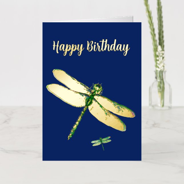  Elegant Navy Blue Dragonfly Foil Birthday Card (Flower)