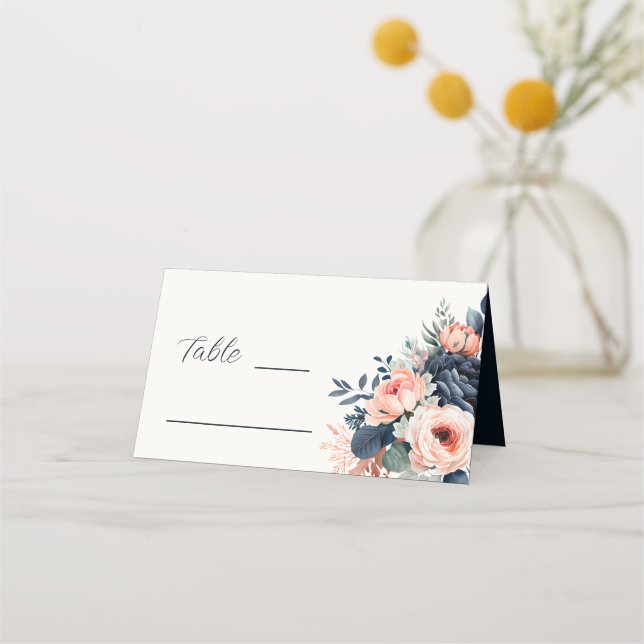 Elegant  Navy Blue Dusty Rose Floral Wedding Place Card (Front)