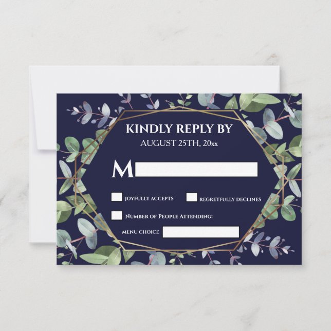 Elegant Navy Blue Eucalyptus Greenery Wedding RSVP Card (Front)