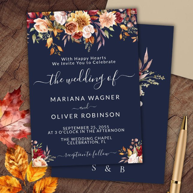 Elegant Navy Blue Fall Floral Wedding Invitation (Creator Uploaded)