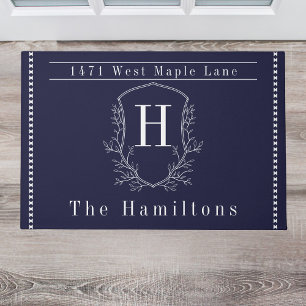 Elegant navy blue family monogram address doormat