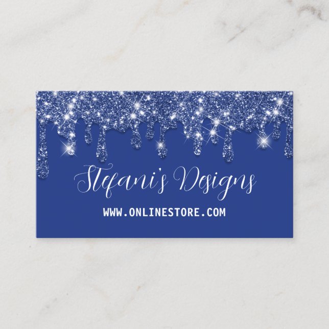 Elegant Navy Blue Faux glitter Drips Online Store Business Card (Front)