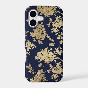 Elegant navy blue faux gold vintage flowers