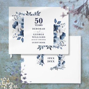 Elegant Navy Blue Floral 50th Wedding Anniversary  Guest Book