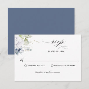 Elegant Navy Blue Floral and Greenery Wedding RSVP Card