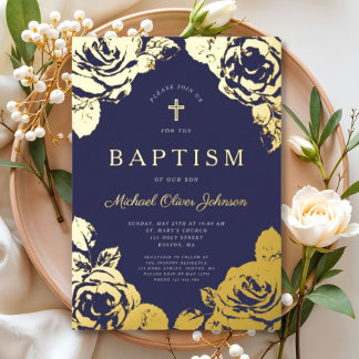 Elegant Navy Blue Floral Boy Baptism Gold