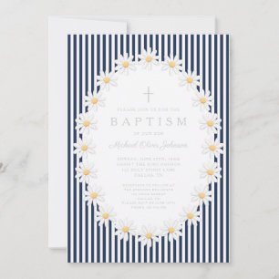 Elegant Navy Blue Floral Boy Baptism Invitation