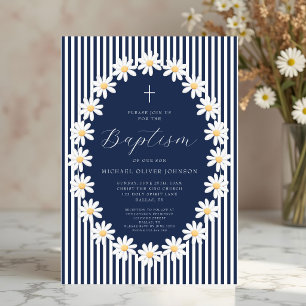 Elegant Navy Blue Floral Boy Baptism Invitation