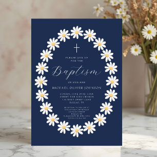 Elegant Navy Blue Floral Boy Baptism Invitation