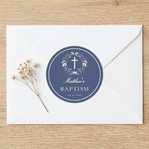 Elegant Navy Blue Floral Cross Baptism Sticker
