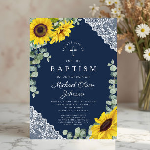 Elegant Navy Blue Floral Cross Boy Baptism Invitation