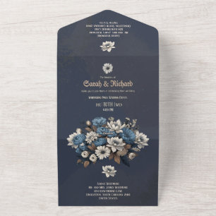 Elegant Navy Blue Floral Custom Photo Wedding All In One Invitation