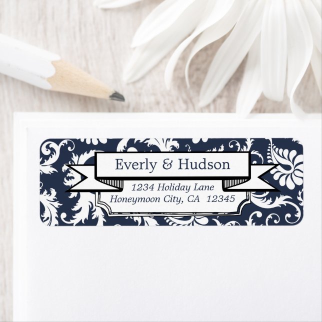 Elegant Navy Blue Floral Damask Adresse de retour (En situation)