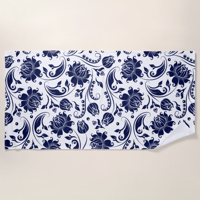Elegant navy-blue floral damask pattern beach towel (Front)