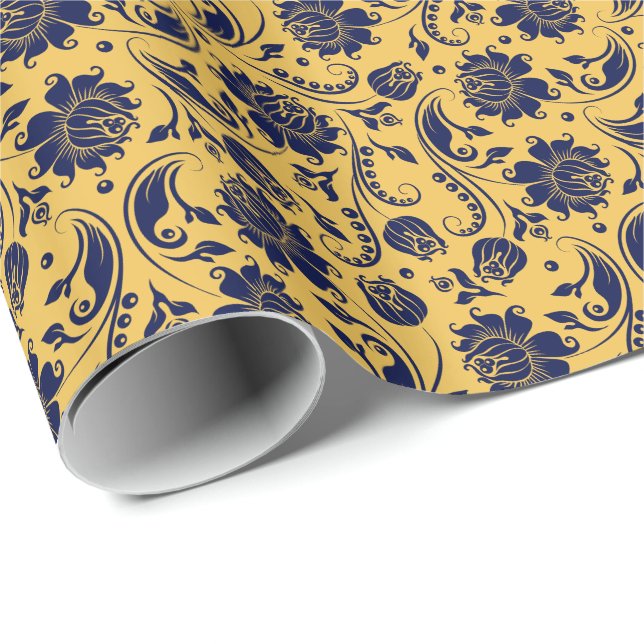 Elegant Navy Blue Floral Damasks Yellow Background Wrapping Paper (Roll Corner)