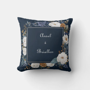 Elegant Navy Blue Floral Design with White Roses Throw Pillow