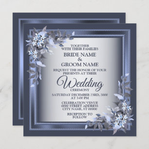 Elegant Navy Blue Floral Framed Silver Wedding Invitation