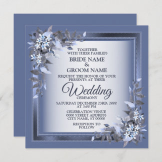 Elegant Navy Blue Floral Framed Silver Wedding Invitation
