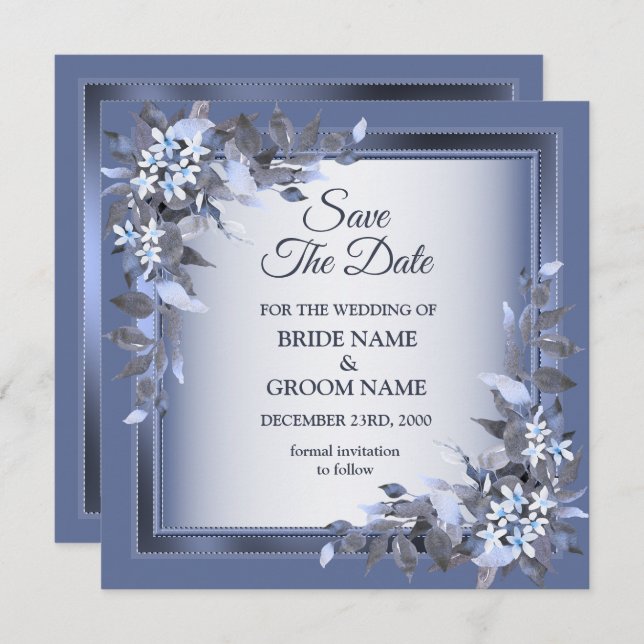 Elegant Navy Blue Floral Framed Silver Wedding Save The Date (Front/Back)