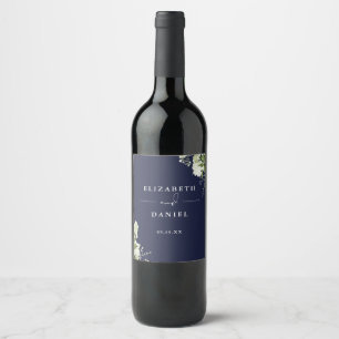 Elegant Navy Blue Floral Greenery Wedding Wine Label