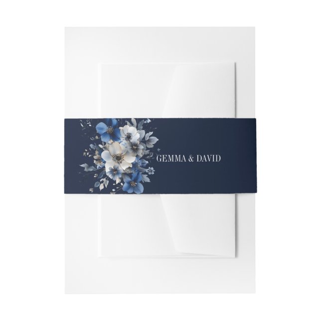 Elegant Navy Blue Floral Invitation Belly Band (Front Example)