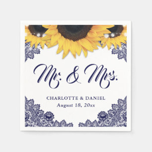 Elegant Navy Blue Floral Lace Sunflower Wedding Napkin