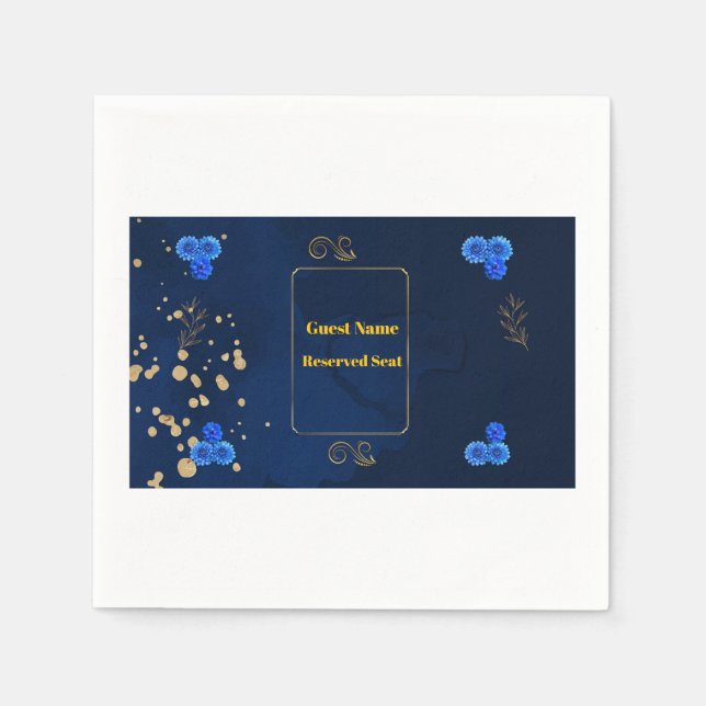 Elegant Navy Blue Floral Name Card Template Napkin (Front)