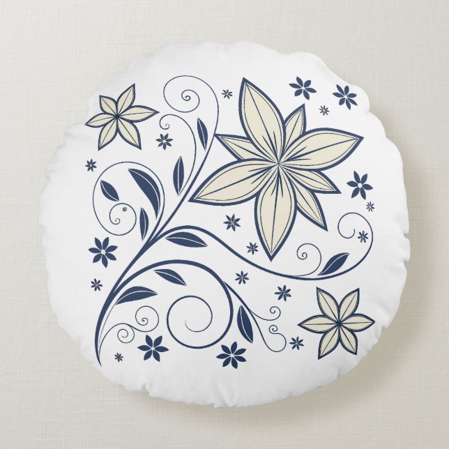 Elegant Navy Blue Floral Pattern |  Round Pillow (Front)