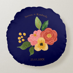 Elegant Navy Blue Floral Personalized Wedding Round Pillow