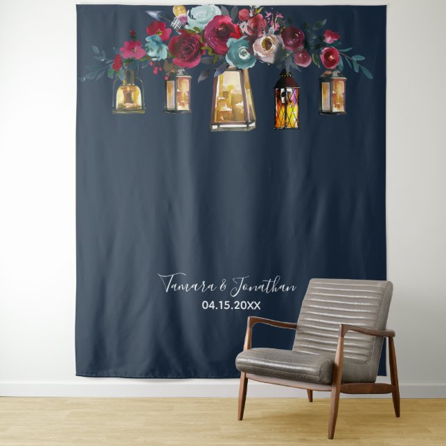 Elegant Navy Blue Floral Photo Backdrop Wedding Tapestry (In Situ)
