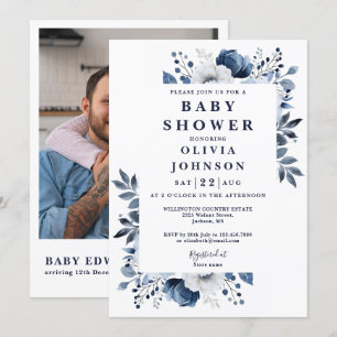 Elegant Navy Blue Floral Photo QR Baby Shower Invitation