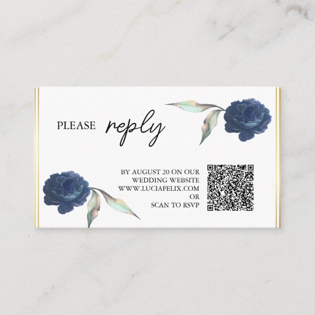 Elegant Navy Blue Floral Rose Wedding RSVP Enclosure Card (Front)