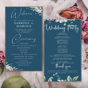 Elegant Navy Blue Floral Script Wedding Ceremony  Program