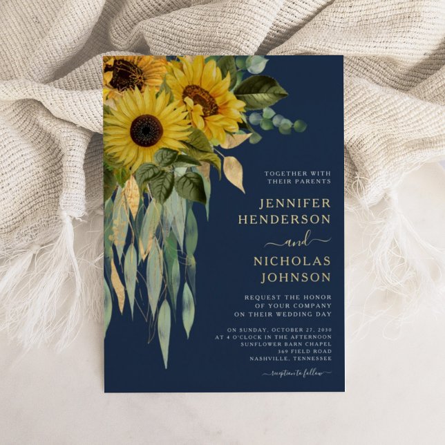 Elegant Navy Blue Floral Sunflower Wedding Gold (Elegant Navy Blue Floral Sunflower Wedding Gold Foil Invitation)