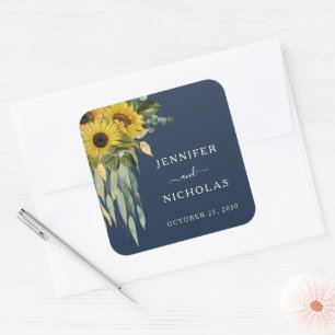 Elegant Navy Blue Floral Sunflowers Wedding Square Sticker