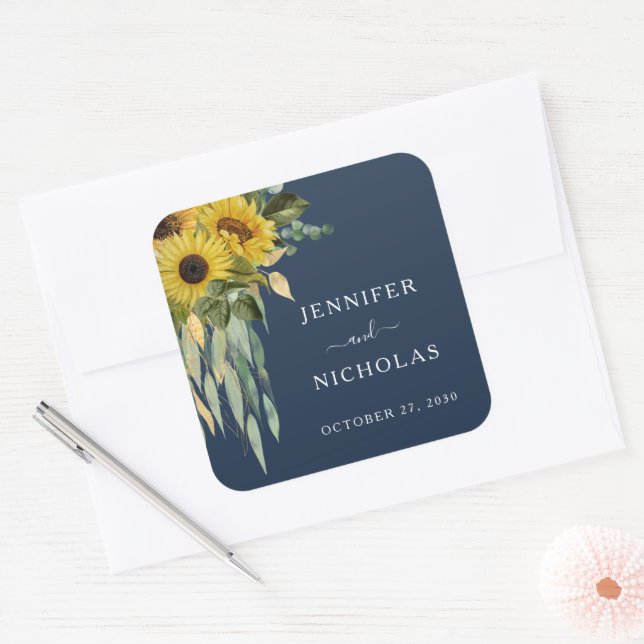 Elegant Navy Blue Floral Sunflowers Wedding Square Sticker (Envelope)