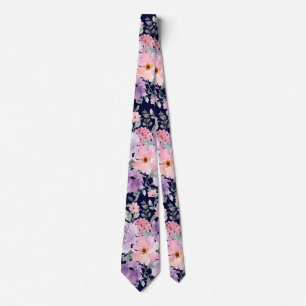 Elegant Navy Blue Floral Watercolor Wedding Tie