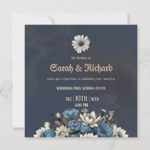Elegant Navy Blue Floral Wedding Invitation