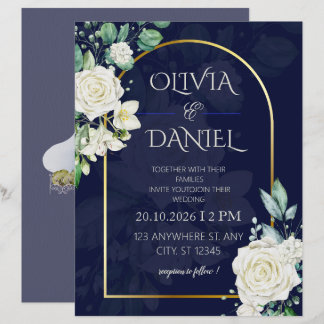 Elegant Navy Blue Floral Wedding Invitation