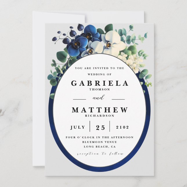 Elegant Navy Blue Floral Wedding Invitation | Edit (Front)